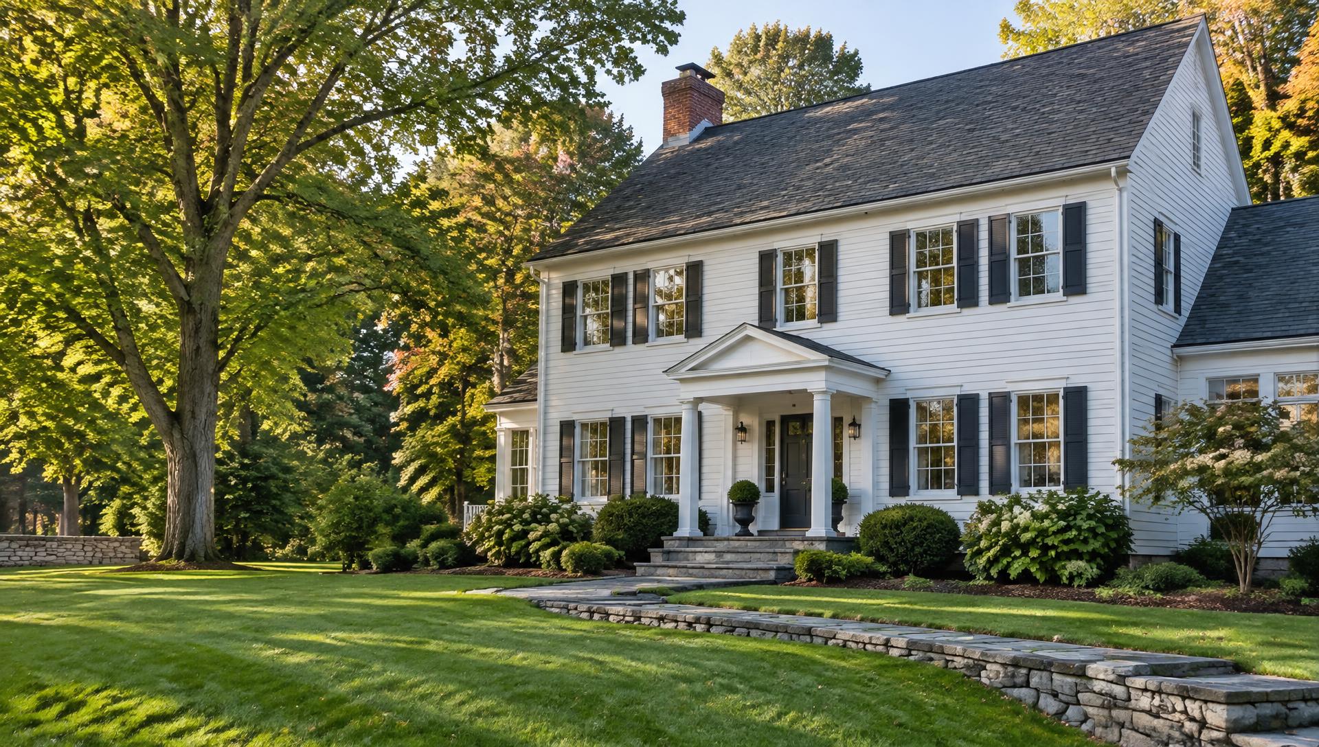 A welcoming Connecticut-style home with a green lawn